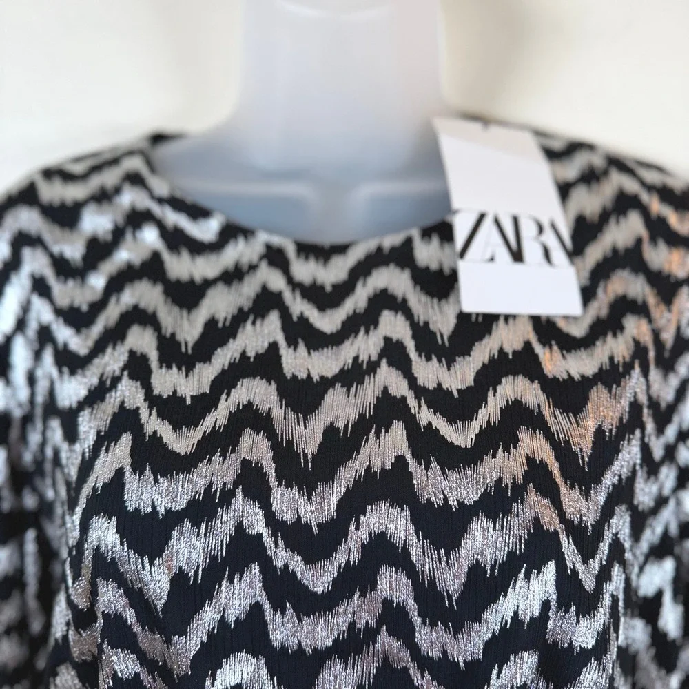 Zara Metallic Chevron Crop Top Women Small Black Silver Sparkle Party Whimsigoth